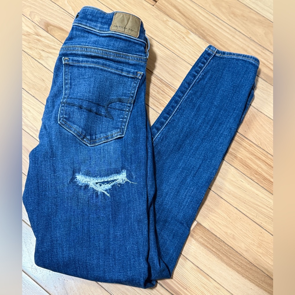American Eagle Outfitters Dark Blue Distressed Skinny Jeans - Picture 10 of 12